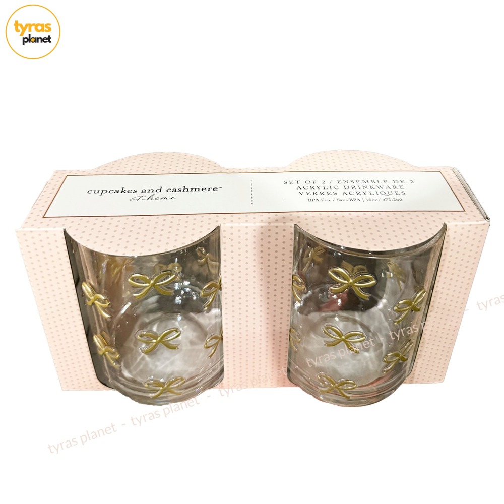 Cupcakes and Cashmere Gold Bow Acrylic Glasses Set of 2 New 16oz Tumblers
